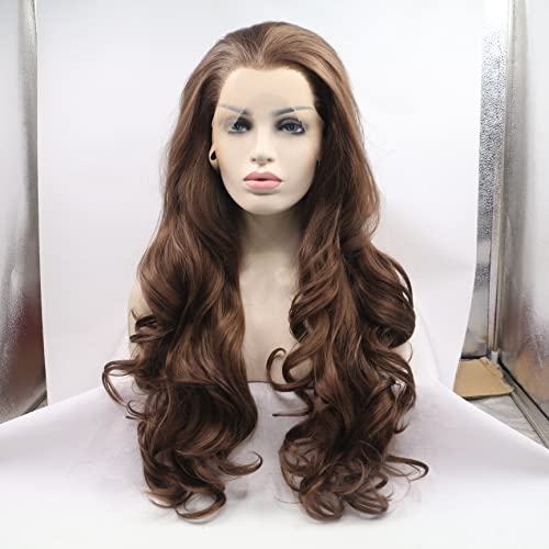 Xiweiya Brown Lace Front Wig Body Wave Mixed Brunette Synthetic Lace Front Wig Middle Part Heat Resistant Fiber Hair Natural Hairline 24 Inches High Density Wig #TOP29