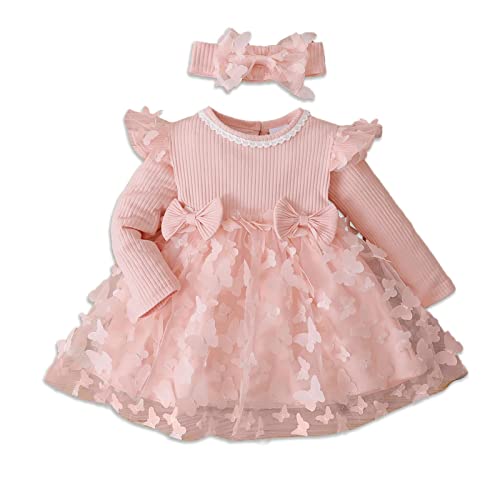 PATPAT - Vestido de manga larga para niña con tutú, vestido de tul para niña, fiesta de cumpleaños, princesa, Rosa claro, 9-12 meses