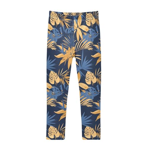 KLL Blue and Yellow Theme Plants Hawaiian Little Girls Cotton Leggings Comfortable Full Length Sweatpants Sports