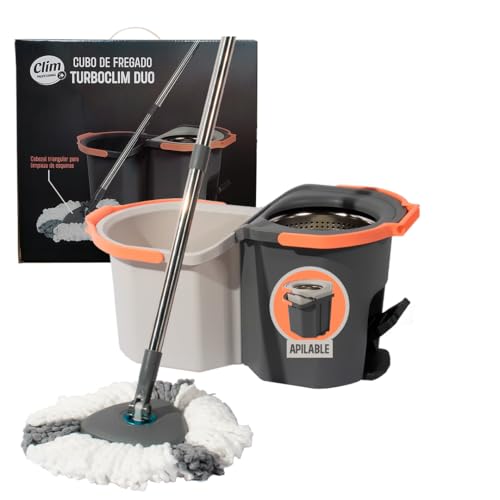 TurboClim Duo. Cubo de Fregar Giratorio con Pedal. Doble Cubo Que Separa Agua Limpia y Sucia. Escurridor Giratorio de Acero Inoxidable. Apilable Ocupa Poco Espacio. Fregona Triangular + 2 recambios