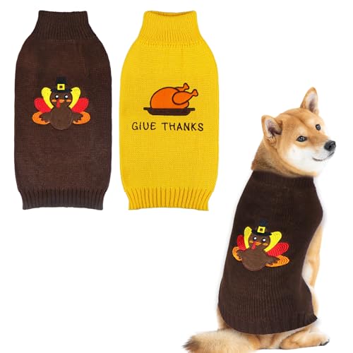 GOYOSWA 2 Pack Dog Thanksgiving Sweater, Knitted Thanksgiving Fall Holiday Dog Sweaters Outfit Clothes for Small Medium Large Dogs Pets (Dark Brown & Yellow, X-Large)
