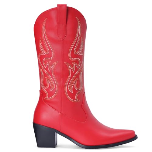Image of Pasuot Cowboy Boots for Women - Cowgirl Western Mid Calf Boots with Embroidery, Pointed Toe Retro Chunky Heel Slip On Fashion Classic Short Boots Pull On for Ladies Summer Fall