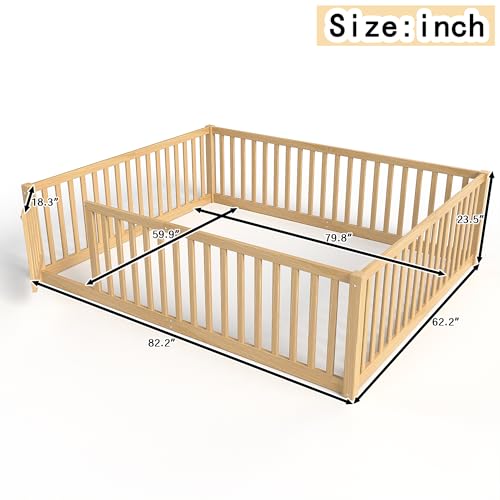 Image of Bellemave Queen Size Kids Montessori Floor Bed with Door,Solid Wood Floor Bed Frame with High Fence for Girls,Boys,Natural