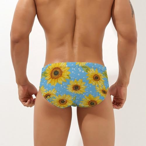 Sunflowers Blue Background Mens Swim Briefs Sexy Bikini Swimwear Bathing Suits Trunks2