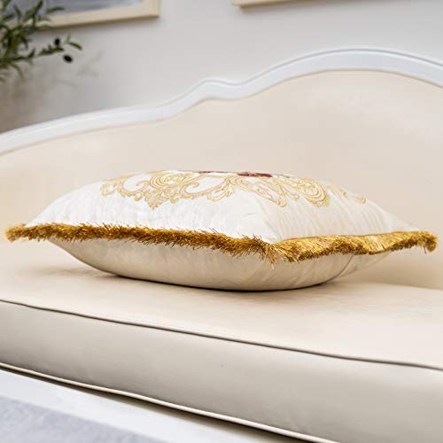 Alerfa 16 X 24 Inch White Rose Flowers Cushion Case Luxury Velvet European Throw Pillow Cover With Tassel Decorative Pillow For Couch Living Room Bedroom Car 40 X 60Cm #TOP2