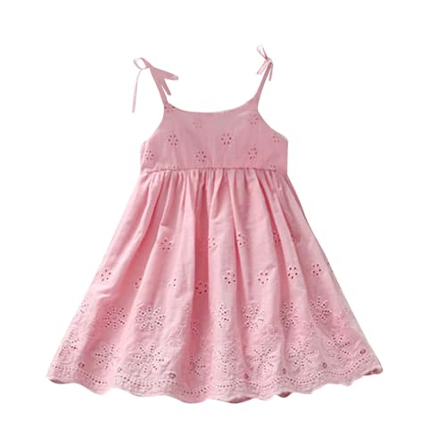 Girls Boho Cute Summer Dress Soft Spaghetti Tie Strap Hollow Embroidered A-Line Princess Dresses for Kids 2-14 Years