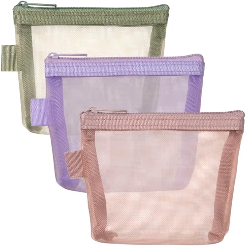 BEIQIYA 3pcs Mini Mesh Makeup Bags, Small Zipper Makeup Bags, 3 Colors