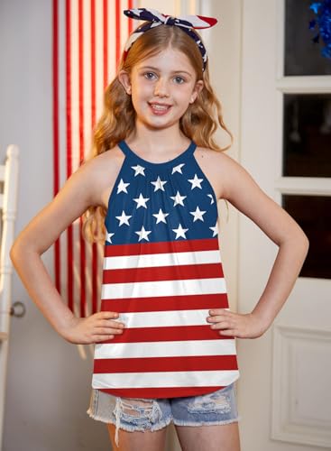 Image of BesserBay Girls Summer Back Button Halter Neck Tank Top Cold Shoulder Casual Blouse Pleated Sleeveless Shirts 5-14 Years