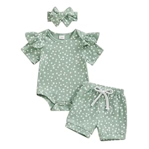 Mandizy Newborn Baby Girl Clothes Summer Knit Ribbed Floral Print Short Sleeve Romper Shorts Headband Outfit Set