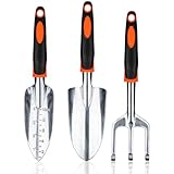 Bamworld 3-teiliges Gartenwerkzeug Set Schwerlast, Gartenset aus Aluminiumlegierung mit Ergonomischem Griff, Inklusive Pflanzschaufel, Umpflanzspaten und Handrechen für Beet und Rasen, Orange