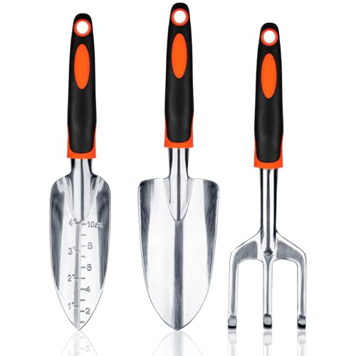 Bamworld 3-teiliges Gartenwerkzeug Set Schwerlast, Gartenset aus Aluminiumlegierung mit Ergonomischem Griff, Inklusive Pflanzschaufel, Umpflanzspaten und Handrechen für Beet und Rasen, Orange