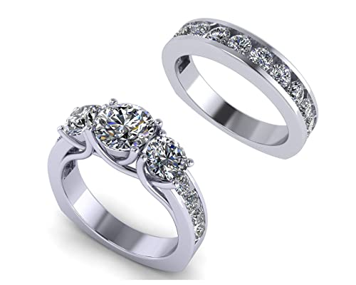 Central Diamond Center Wedding Set Anniversary Set 3 Stone Past Present Future Ring & Band Silver & Zirconia 3.25ctw Size 7 Euro