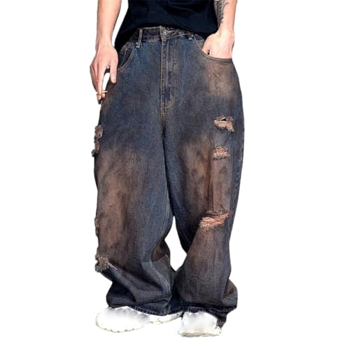Men’S Vintage Hip Hop Loose Fit Baggy Ripped Stacked Harem Denim Pants Full Length Button Fly Distressed Skateboard Wear