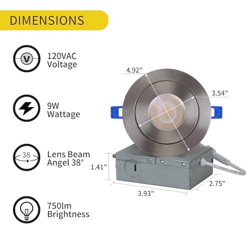KnLnny Ware Brushed Nickel Gimbal Recessed Lighting 4 Inch 6 Pack, Ajustable Eyeball recessed Light with Junction Box,5 Color Selectable,Airtight,9W 750LM,Dimmable,Brushed Nickel by KnLnny Ware - Image 4
