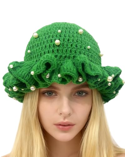Image of Women Crochet Bucket Hat Cute Winter Ruffled Brim Floppy Cap Handmade Knit Cloche Hats