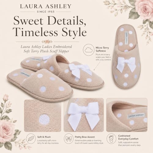 Image of Laura Ashley Ladies Embroidered Soft Terry Plush Scuff Slipper