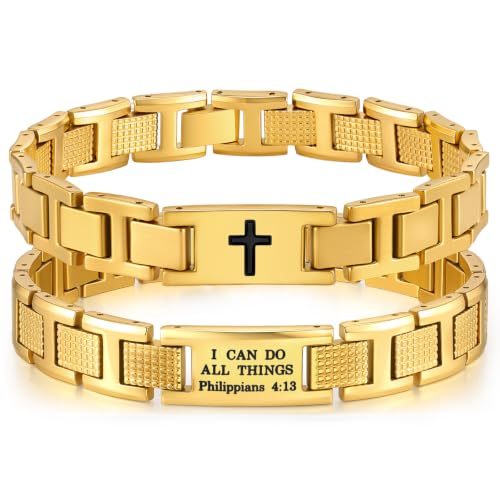 Gold Stainless Steel Bible Verse Cross Bracelets for Men,Philippians 4:13