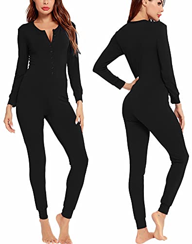 LecGee Womens Pajama jumpsuits One Piece Sleepwear Button bodysuit Modal Underwear Set Long Sleeve Union Suit Black Large