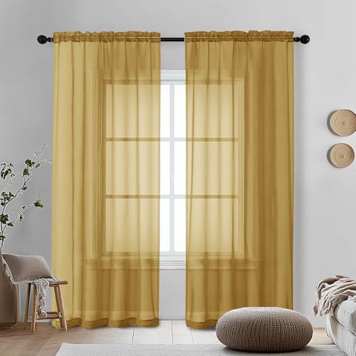 Image of OVZME Gold Sheer Curtains 72 Inches Long 2 Panels - Soft Light Filtering Window Sheer Panels for Living Room /Bedroom, Top Dual Rod Pocket, 1 Pair, Each 42Wx72L Inches
