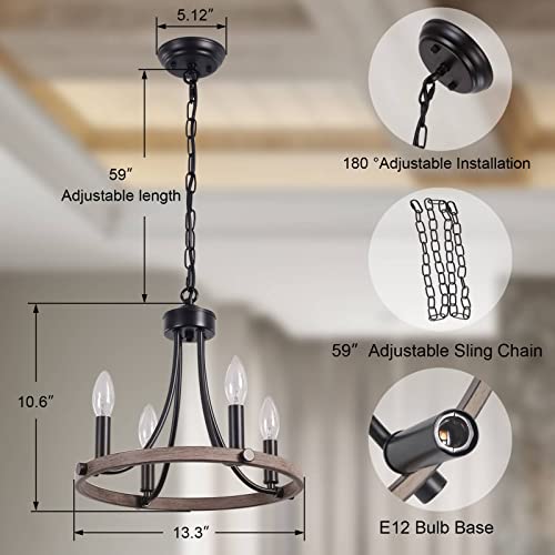 Yarlkav Wagon Wheel Chandelier For Dining Room, Black Farmhouse Chandelier 4 Lights Round Pendant Light, Rustic Hanging Light Fixtures For Kitchen Island Foyer Hallway #TOP2