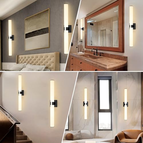 Image of HAIXIANG 2 Packs Black Wall Sconces, L 31.4 inch Dimming Wall Light 16W LED Vanity Lighting Fixtures Wall Light for Bathroom Dining Living Bedroom Hallway, 2700K Warm Light Horizontal /Vertical Mount