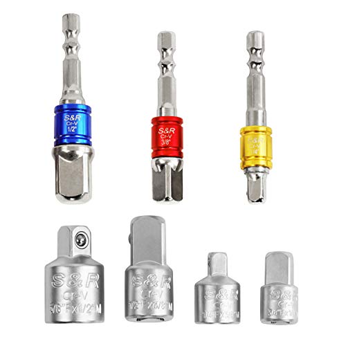 S&R Stecknuss-Adapter Set, 7-tlg. in Halterung: 3 Stück 1/4" Sechskant-Adapter für 1/4"-, 1/2"-, 3/8" -Vierkant + 4 Vierkant Stecknüsse für Bohrmaschine, Akkuschrauber, Bithalter