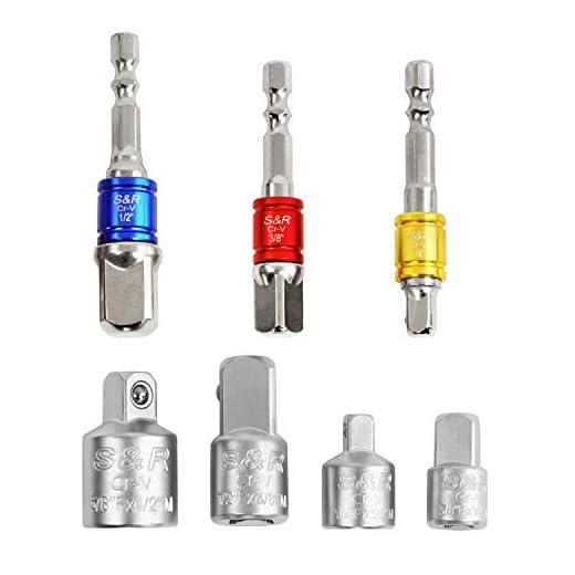 S&R Stecknuss-Adapter Set, 7-tlg. in Halterung: 3 Stück 1/4" Sechskant-Adapter für 1/4"-, 1/2"-, 3/8" -Vierkant + 4 Vierkant Stecknüsse für Bohrmaschine, Akkuschrauber, Bithalter