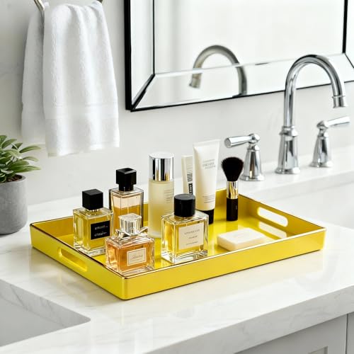 Zosenley Decorative Plastic Serving Tray with Handles, Modern Vanity Organizer for Bathroom, Kitchen, Ottoman and Coffee Table (Yellow, Rectangular) by Zosenley - Image 3