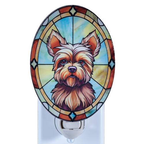 Image of Dog Night Light Yorkshire Terrier, Stained Glass Styled Plug-in Wall Nightlight, Bulb Included, Pet Memorial Dog Lover Gift, Bedroom Hallway Bathroom Decor, Manual On /Off Switch