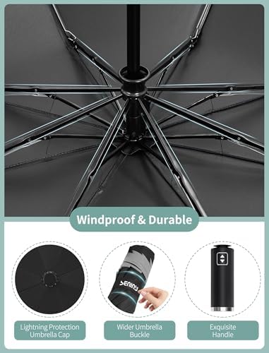 Seniny Inverted Travel Umbrella Compact - Windproof Umbrellas for Rain with Reflective Strip, Large UV Umbrella for Sun Protection, Automatic Portable Umbrellas Fold in Reverse for Car, Backpack - 2