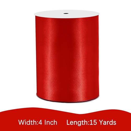 Image of Red Satin Ribbon 4 inch X 15 Yards Polyester Ribbon for Gift Wrapping Very Suitable for Weddings Party Hair Bow Invitation Decorations and More