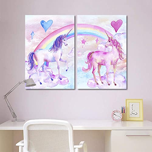 Purple Verbena Art Pink Unicorn Love Heart Canvas Wall Art Pictures Colorful Rainbow Cloud Prints Wall Decor Artwork Painting Framed For Kids Girls Bedroom Decor Children Party Gifts 16X24, 2 Pcs #TOP4