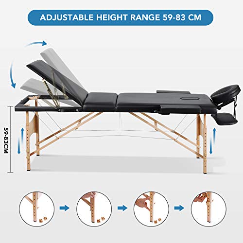 Entil Massage Table Spa Bed Portable 3 Sections Wooden Legs with Face Hole Carrying Bag - Thumbnail 2