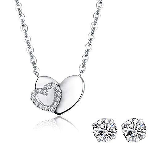 Preisvergleich Produktbild Zeitenwende 18k Weiß Goldplattierte 925 Silber Damenkette - Doppelherzanhänger mit Cubic Zirkonia Mikroeinlagen - Lieferung mit Geschenkbox - Schönes Schmuckgeschenk für Frauen, Freundin, Jubiläum.