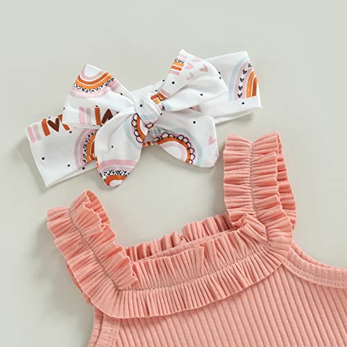 Newborn Baby Girl Summer Clothes 0 3 6 12 18 Months Outfits Sleeveless Ribbed Romper Rainbow Shorts Set Pink 6-12 Months #TOP2