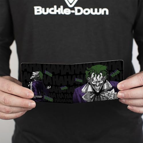 Buckle-Down Men's PU Bifold Wallet-Joker Smiling + Laughing Poses/HAHA Black/Gray/Purple/Green, Multicolor, 4.0" x 3.5"4