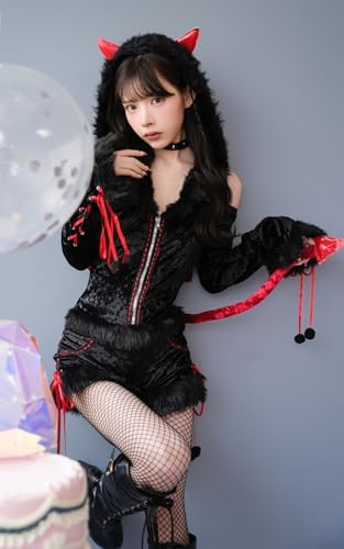 [Malymoon] コスプレ デビル サキュバス DEVIL 鬼 長袖 ショートパンツ オールインワン ハロウィン コスチューム 衣装 仮装 レディース コス ランジェリー マリームーン 9686 (S,Mサイズ/ブラック) 詳細画像4