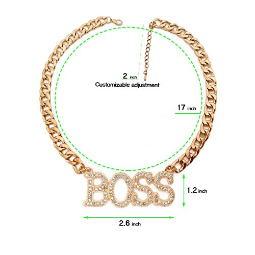 Dog Collar For Bulldog And Cat Fashionable Golden Necklace Kitten Puppy Neckband Adjustable Metal Cuban Chain With Boss Crystal Pendant Doggies Jewelry Accessary Pets Wedding Birthday Party Gift 17In (Golden) #TOP1