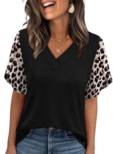 Image of WIHOLL Womens Summer Tops Short Petal Sleeve Shirts Fashion V Neck Womens Clothing