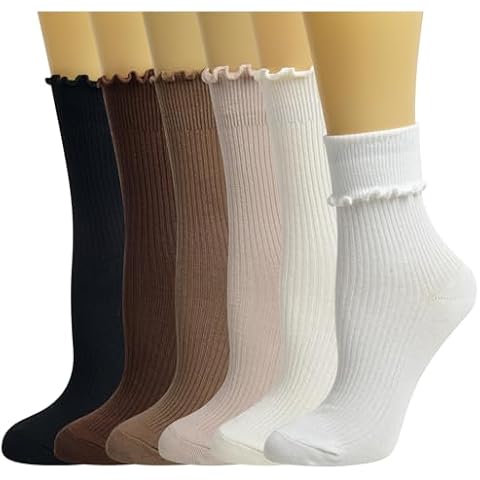 Gellwhu Ruffle Cute Frilly Socks for Women Girl Neutral Aesthetic Boot Slouch Cotton Crew Socks Lettuce Trim Fashion (US, Numeric, 4, 9, Regular, Regular, 6 Pairs: Neutral) Cover