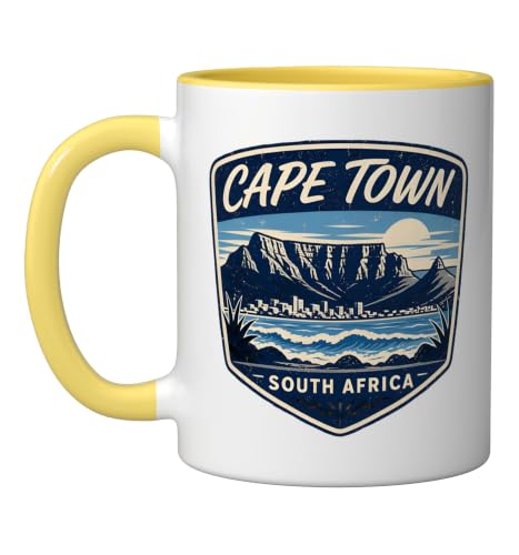 Cape Town South Africa Vintage Travel Badge Ceramic Mug, Yellow/White, 11oz