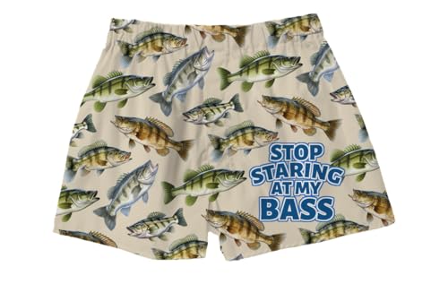 BRIEF INSANITY Comfortable Loose Fit Boxer Shorts | Funny Outdoors Fishing Bass Print Boxer Short Bottoms - Soft, Comfy Loungewear Pants (Stop Staring at My Bass, Medium)