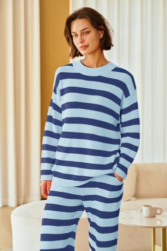Image of SENSERISE Womens Striped Set Sweater Lounge Sets | Pajamas Set, Loungewear Set, Oversized Knit Sweater, Wide Leg Pants with Pockets, Fall Outfits, Pants Set