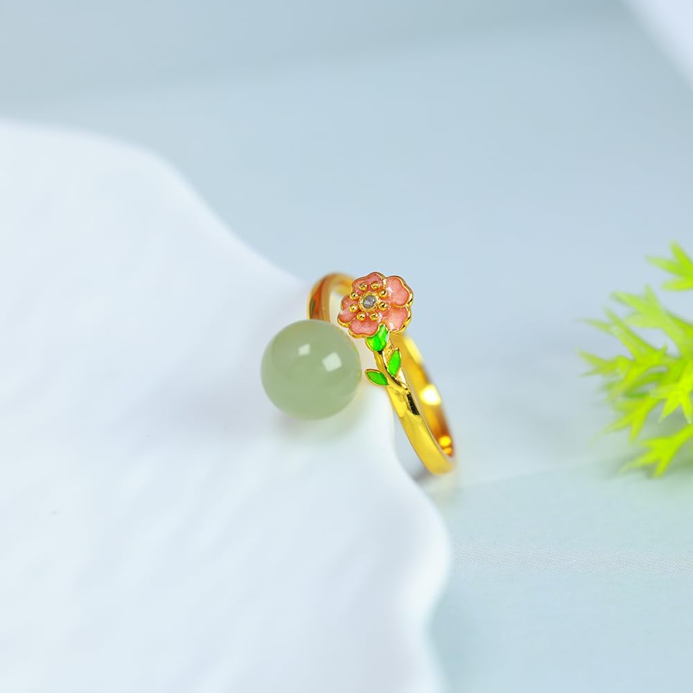 S925 Silver-Inlaid Natural Cyan White Jade Round Bead Enamel Ring Opening Adjustable Including Certificate