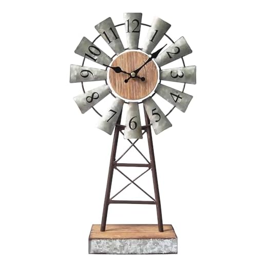 MODE HOME Vintage Farmhouse Table Clock on Stand, Galvanized Windmill Desk Clock, Decorative Mantel Clock for Living Room, Kitchen, Bedroom, Bathroom, Silent Small Clocks Battery Operated 15.75H