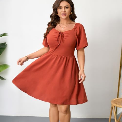 Image of RWJ Women Plus Size Summer Dress Short Sleeve Tie Front Sweetheart Neck Casual Mini Wedding Guest Dresses 2025