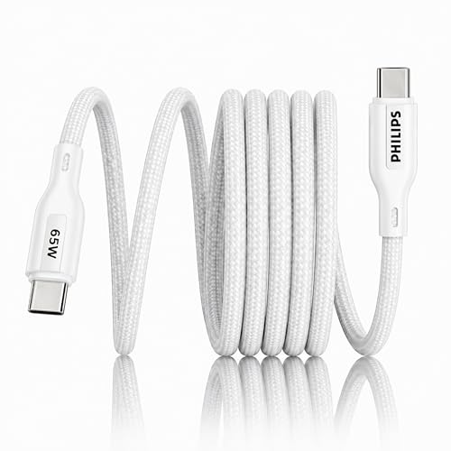 Image of PHILIPS DLC4130CW /94 65W Type-C to Type-C Fast Charging Cable (1m, Bright White) | Nylon Braided | Compatible with iPhone 15+ Series, USB-C iPad Models, Samsung Galaxy & All Type C Devices