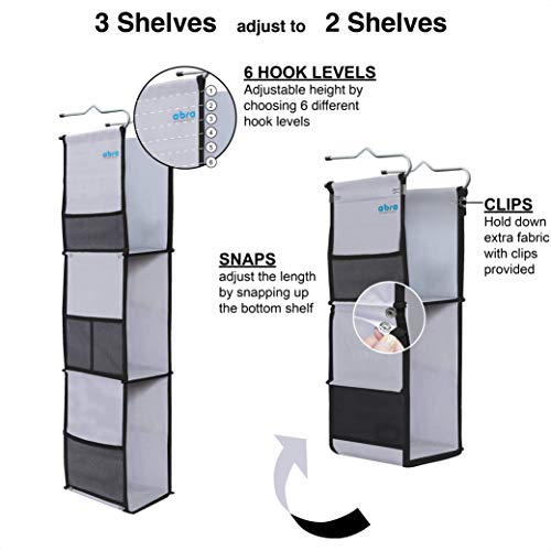 ABRA® 3 Shelf Hanging Locker Organizer for School, Gym, Work, Storage | Deep Shelves 6.5”x 9”| Eco-Friendly Fabric Healthy for Children | Adjustable School Locker Shelf from 3 to 2 Shelves(Grey/Black) by ABRA - Used condition - Image 5