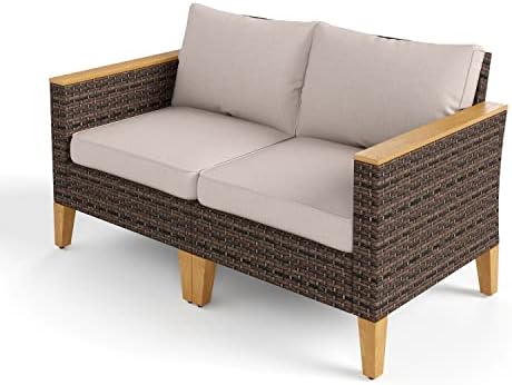 MFSTUDIO 2 Pieces Rattan Patio Furniture Set, Outdoor Wicker Loveseat Sofa Patio Conversation Set for Garden, Poolside, Backyard(Beige Cushions)