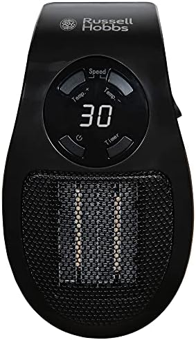 Russell Hobbs 500W Ceramic Plug Heater, Electric Heater Adjustable thermostat, 12 Hour Timer & LED Display, 2 Fan Speeds, 2 Year Guarantee, Black, RHPH2001B